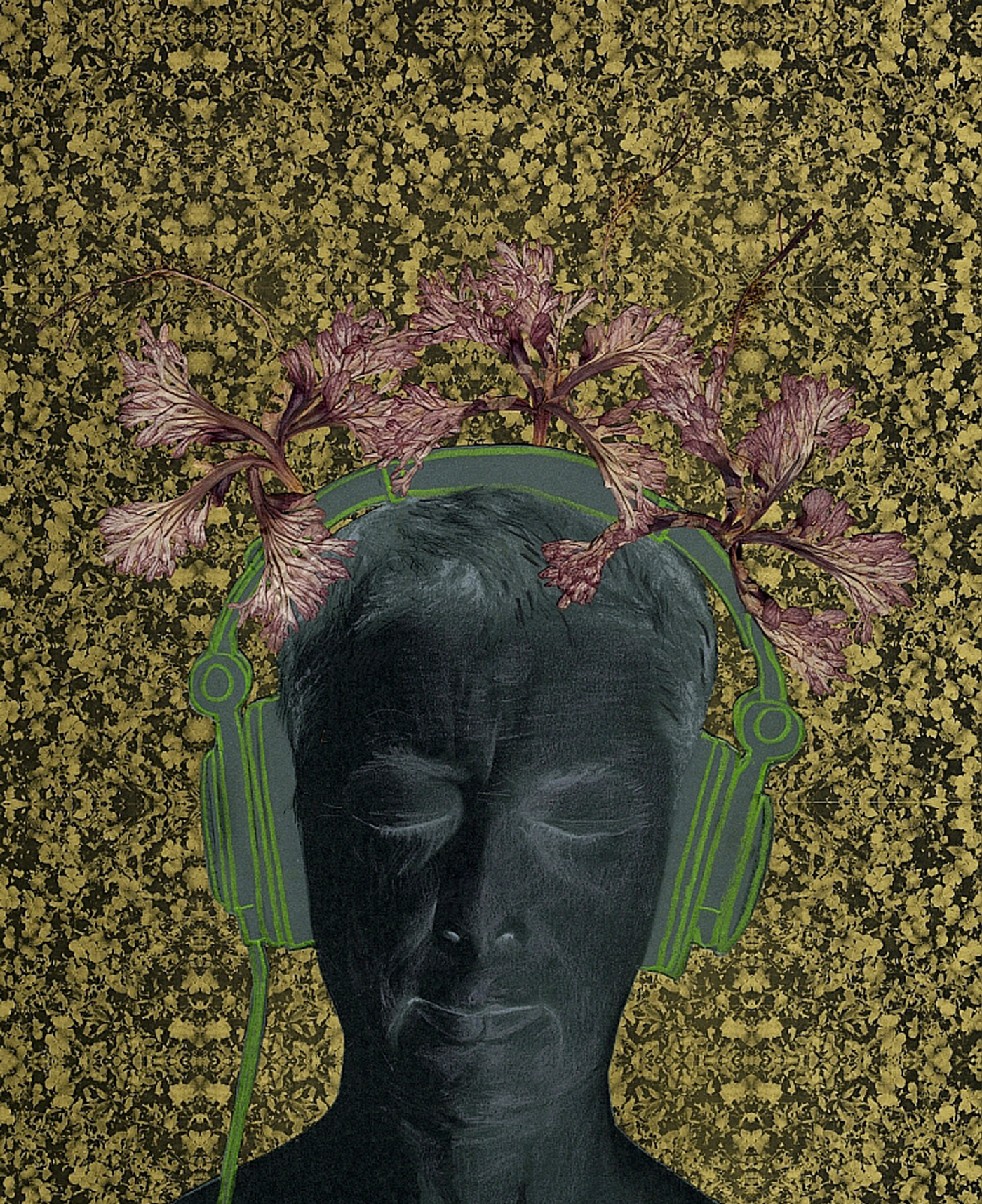 Kopf mit Blüten und Kopfhörern, gepresste Blumen, Farbkopie, Buntstift- Zeichnung