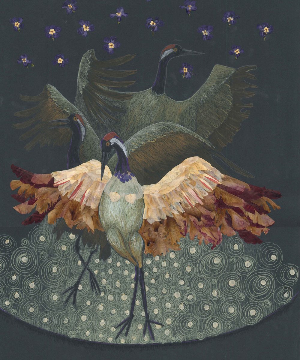 Tanzende Kraniche, Blütenbild mit Buntstift, Ornamente