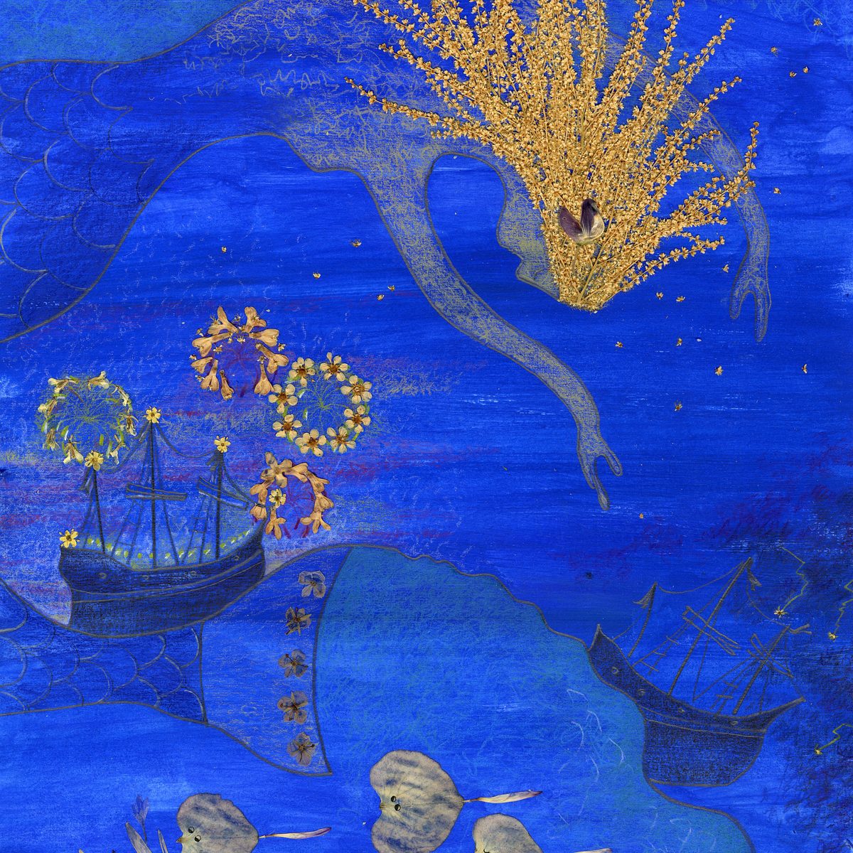 Eine Meerjungfrau schwimmt; unten zwei Schiffe und Feuerwerk