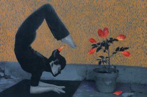 Eine Frau macht die Yoga- Übung Skorpion, daneben eine Topfpflanze