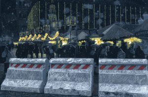 Straßensperren aus Beton vor einem Weihnachtsmarkt