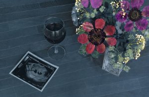 Ein Ultraschallbild mit zwei Embryos, daneben steht ein Rotweinglas und eine Blumenvase