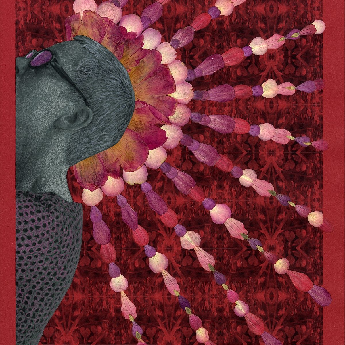 Ein Frauenkopf von der Seite, aus ihrem Kopf sprießen rosarote Strahlen