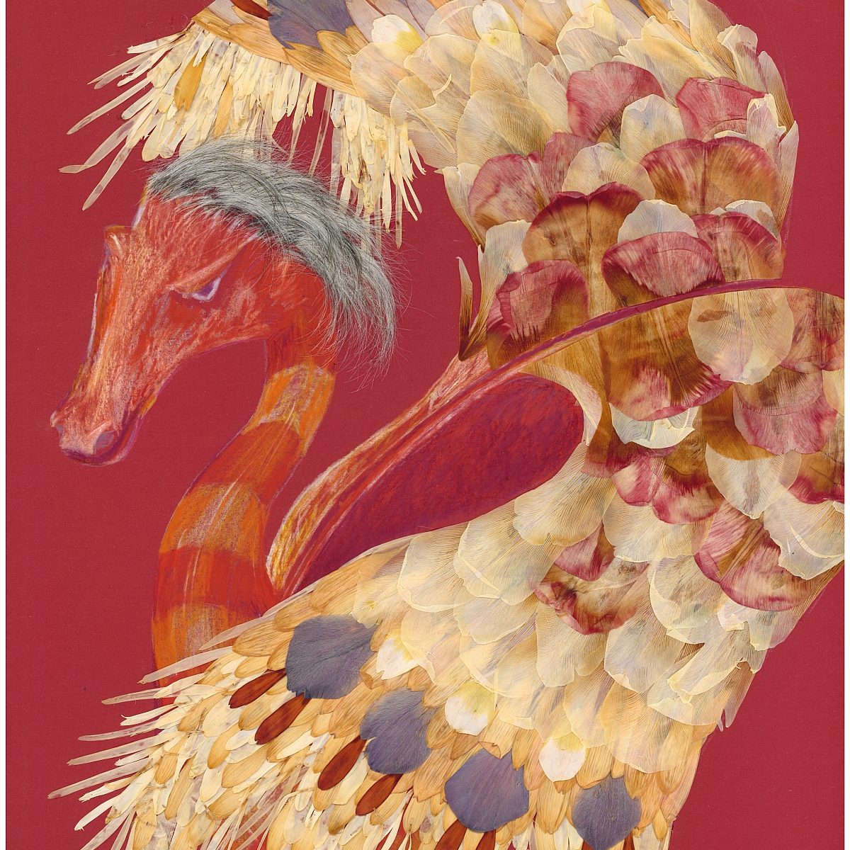 Ein Drachen mit Blütenflügeln. Er hat graue Haare.