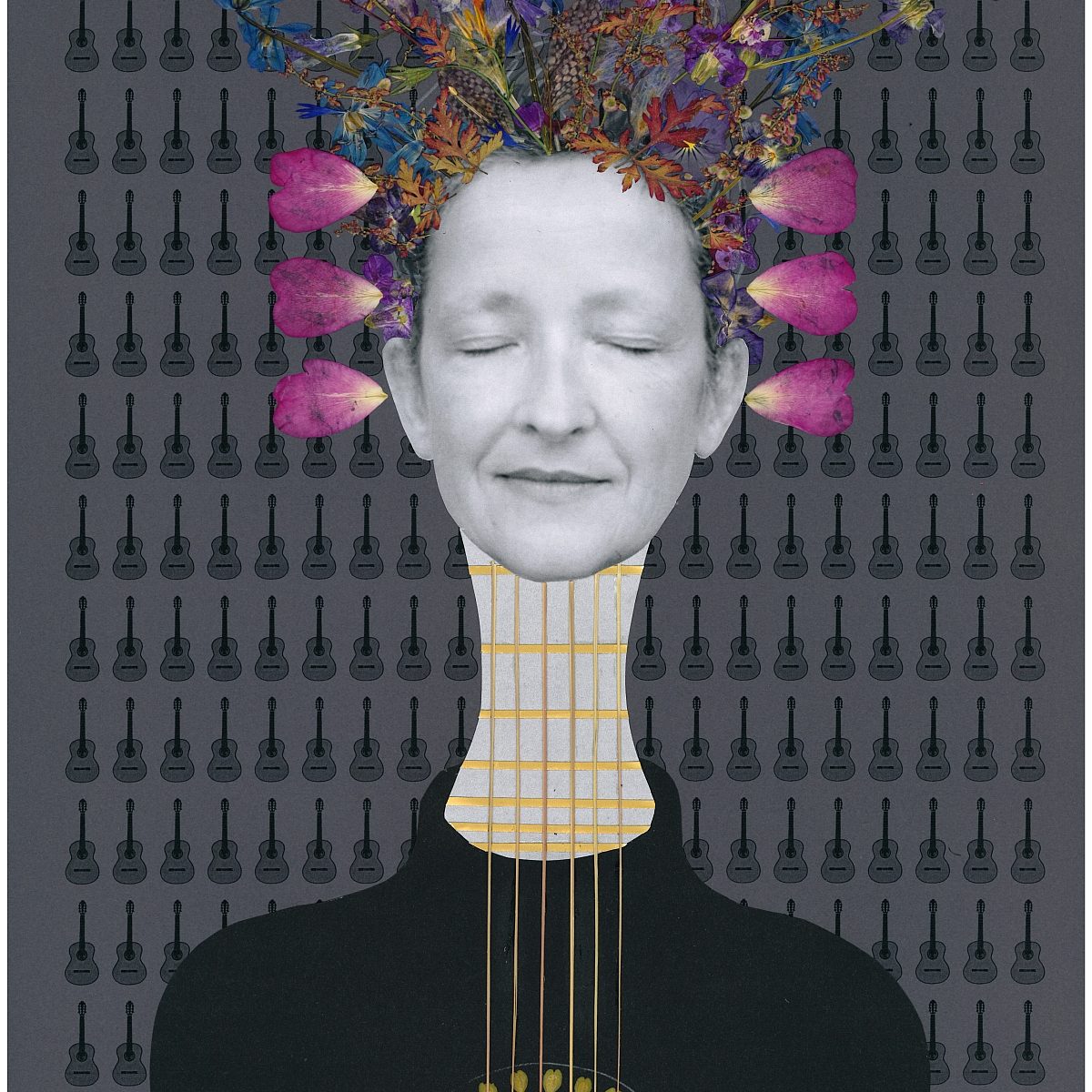 Eine Frau mit Blütenhaaren. Oberkörper und Hals sind eine Gitarre