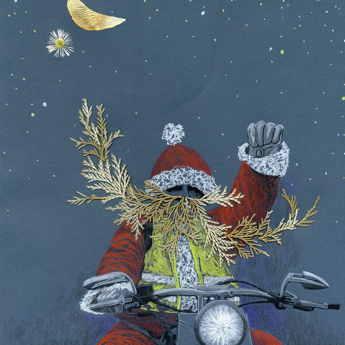 Der Weihnachtsmann sitzt in der Warnweste auf dem Moped und hebt die Faust