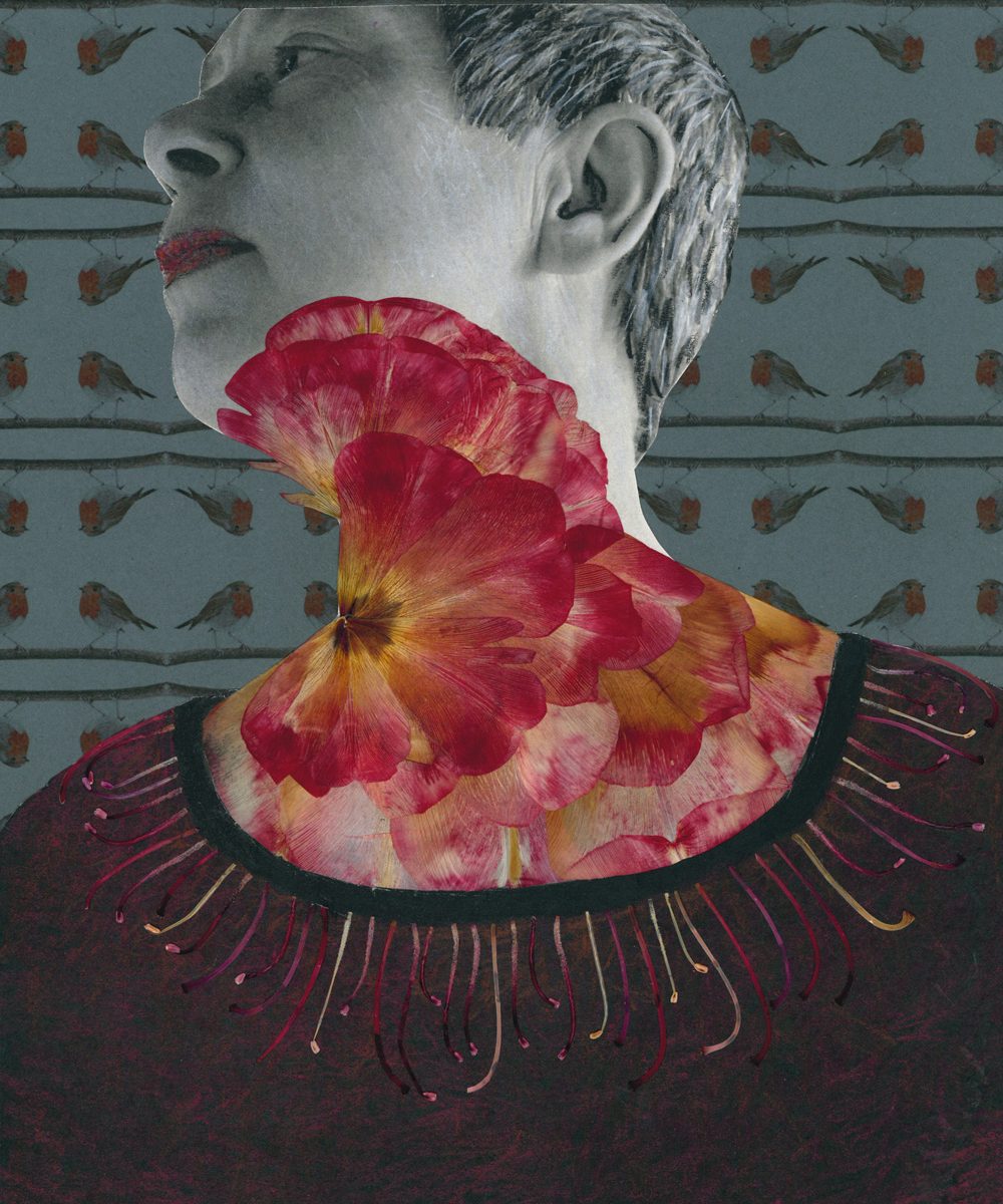 Ein Frauenkopf mit einem roten Hals aus Tulpenblättern