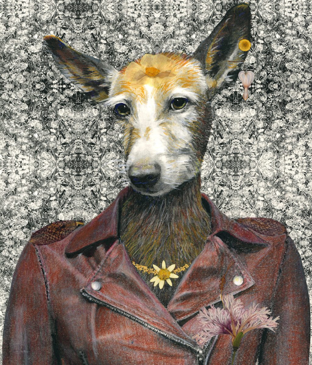 Ein vermenschlichter Hund trägt Schmuck und eine Lederjacke