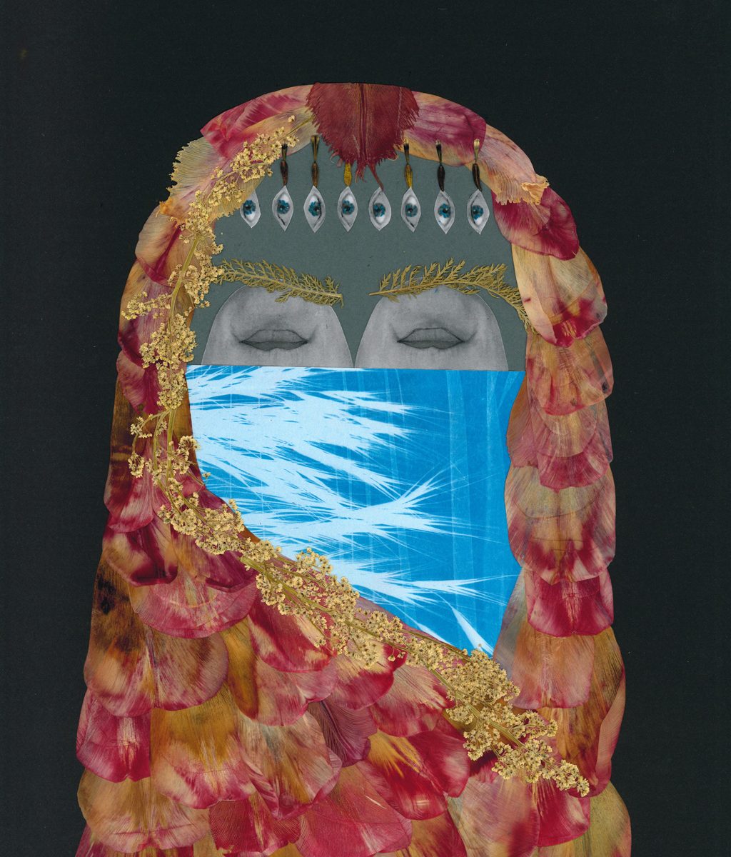 Eine Frau trägt einen Blütenschleier. Ihre Augen sind zwei Münder, ihre Stirn schmücken Augen.