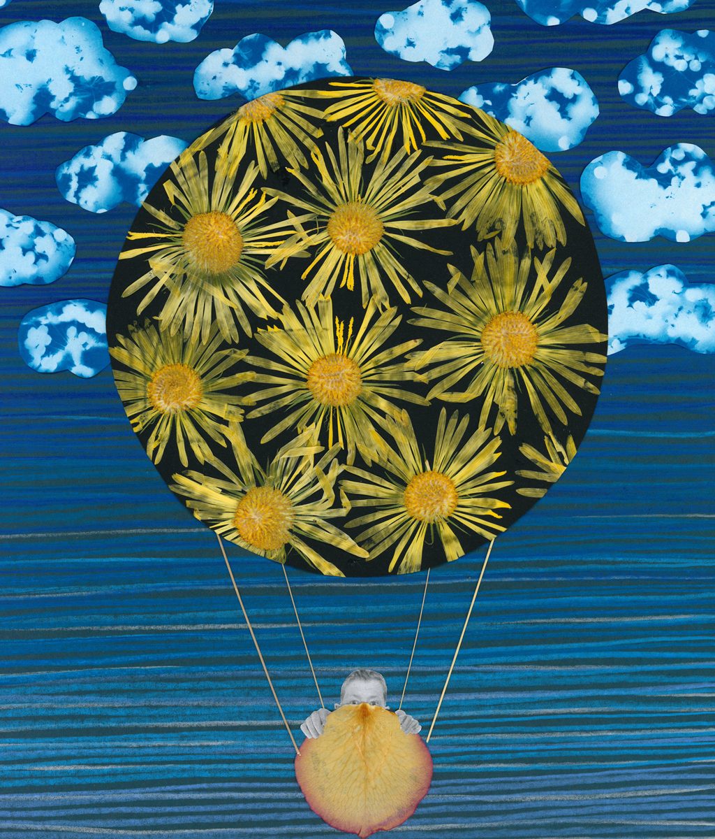 Ein schwarzer Ballon mit Blüten vor einem Himmel mit Wolken