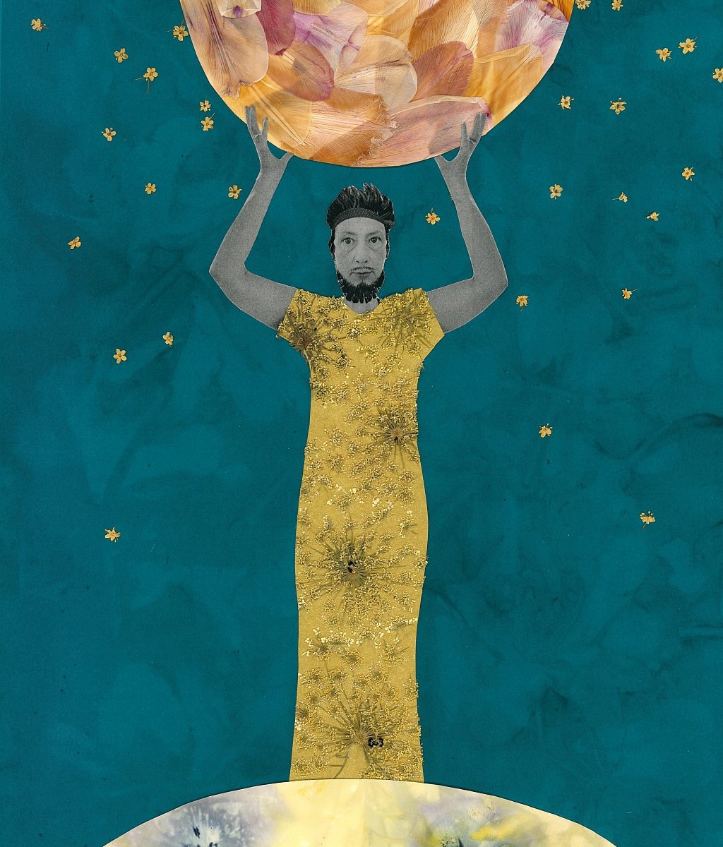 Atlas hält die Weltkugel. Sie besteht aus Blüten.