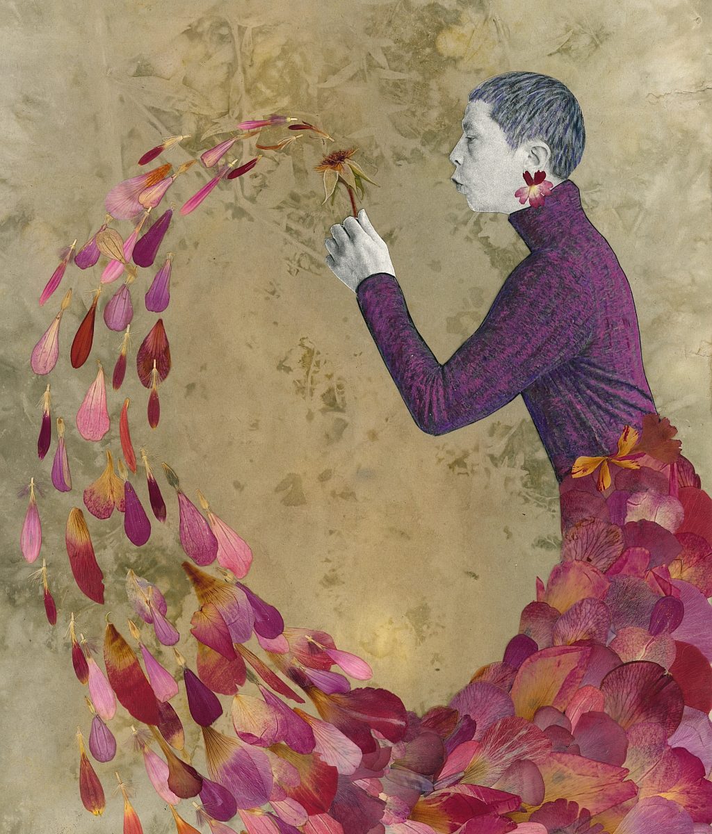 Eine Frau pustet auf eine Blüte. Die Blütenblätter entschweben. Daraus entsteht ihr Rock.