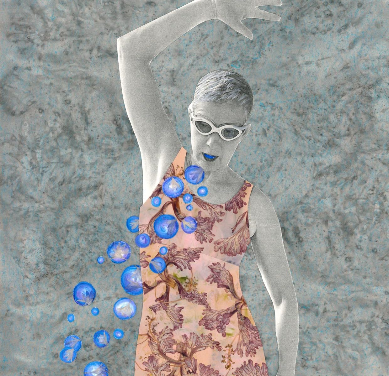 Schwimmt die Frau im Wasser? Oder bewegt sie sich und atmet Blüten aus?